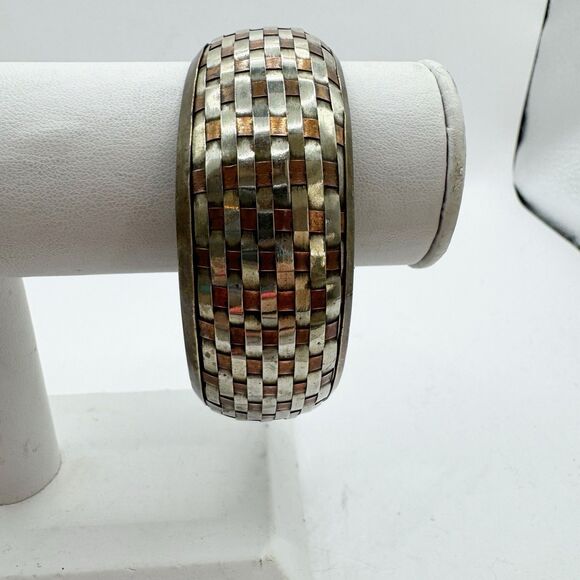 Vtg Woven Mixed Metal Brass Chunky Bangle Bracelet Boho Bohemian Copper Silver - Picture 13 of 13